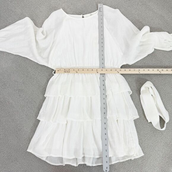Entro Elizabeth Tiered Ruffle Bubble Sleeve Mini Dress White Medium Boho - Picture 14 of 16